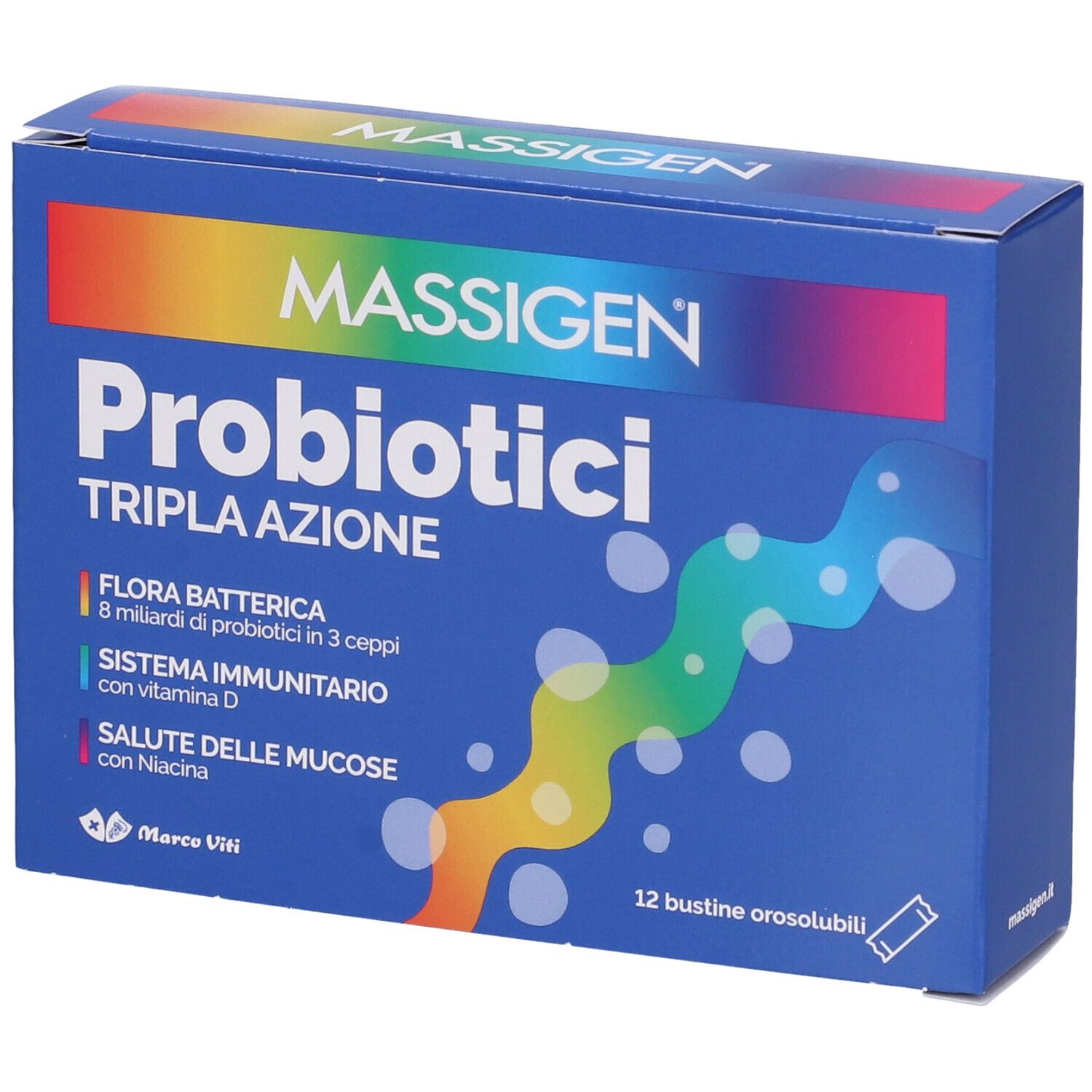 Massigen Probiotici Tripla Azione Marco Viti 12 Stick - Integratore con 8 Miliardi di Fermenti Lattici Vivi, Vitamina D e Niacina per l'Equilibrio della Flora Intestinale